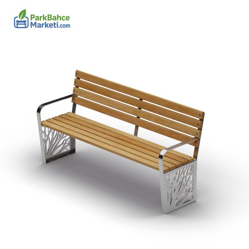 Ağaç Dalı Motifli Krom Sac Ayaklı Ahşap Bank