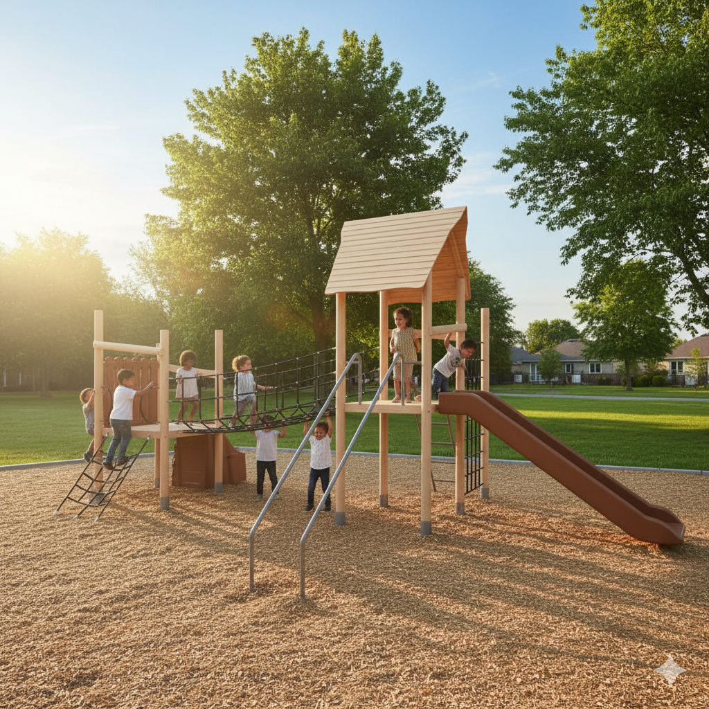 Ahşap Çocuk Oyun Parkı 6x4m, Halat Köprülü Model