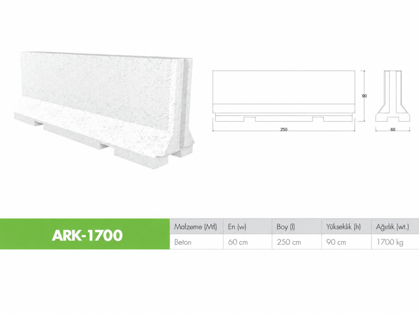 ARK-1700 Beton Yol Bariyeri 250 cm