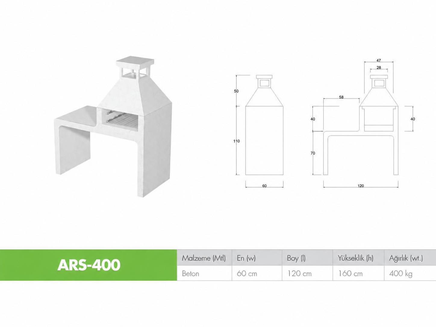 ARS-400 Tezgahlı ve Bacalı Beton Barbekü