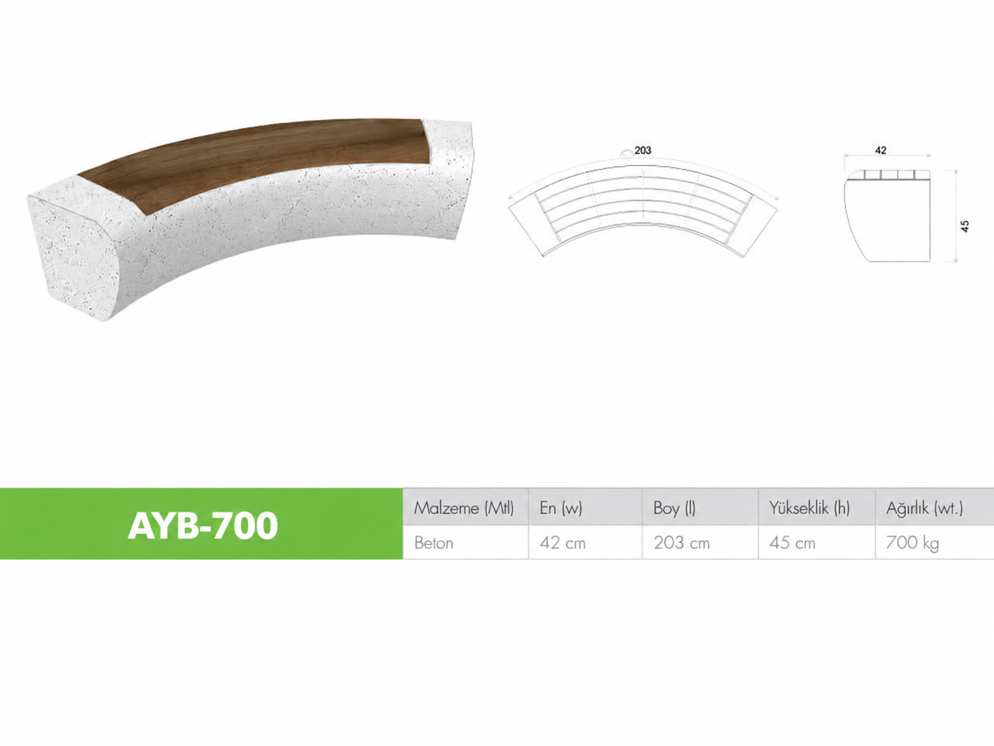 AYB-700 Ahşap Oturaklı Kavisli Beton Bank