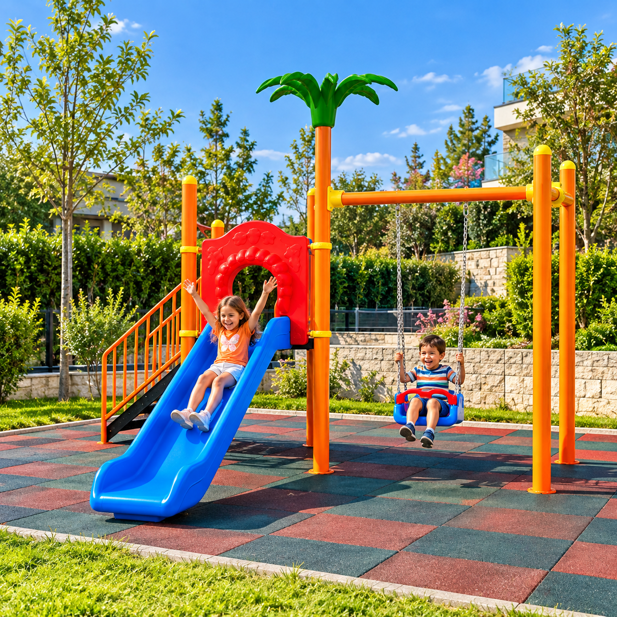 Single-Tower Playground Set with Slide, Swing, and Palm Tree Figure – PBM-01