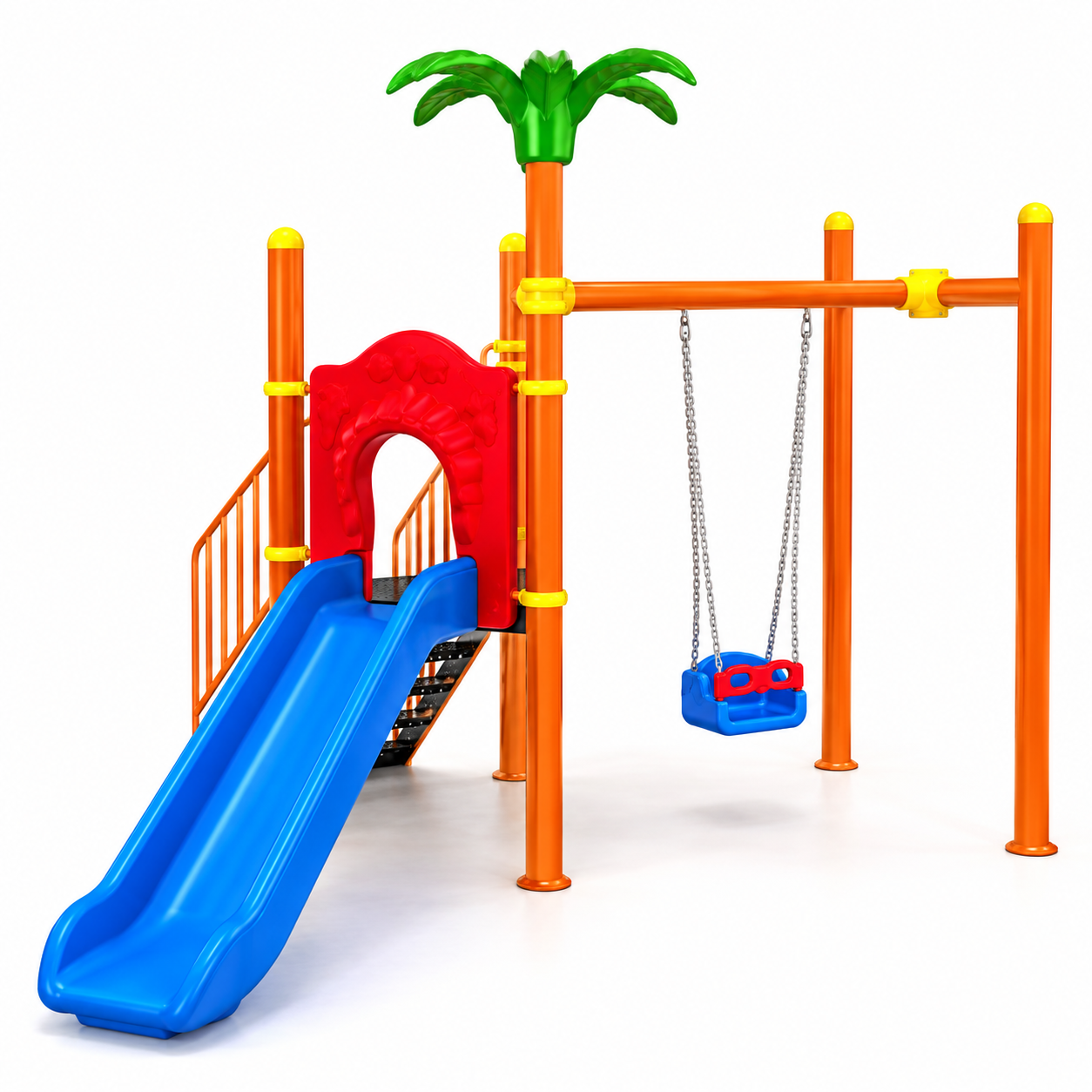 Single-Tower Playground Set with Slide, Swing, and Palm Tree Figure – PBM-01