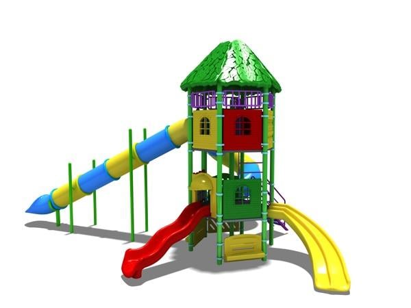 Çocuk Oyun Parkı 5x9m, Dört Kaydıraklı Yaprak Çatılı Model