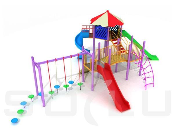 Metal Çocuk Oyun Parkı 11x7,5m, Üç Kaydıraklı Klasik Seri