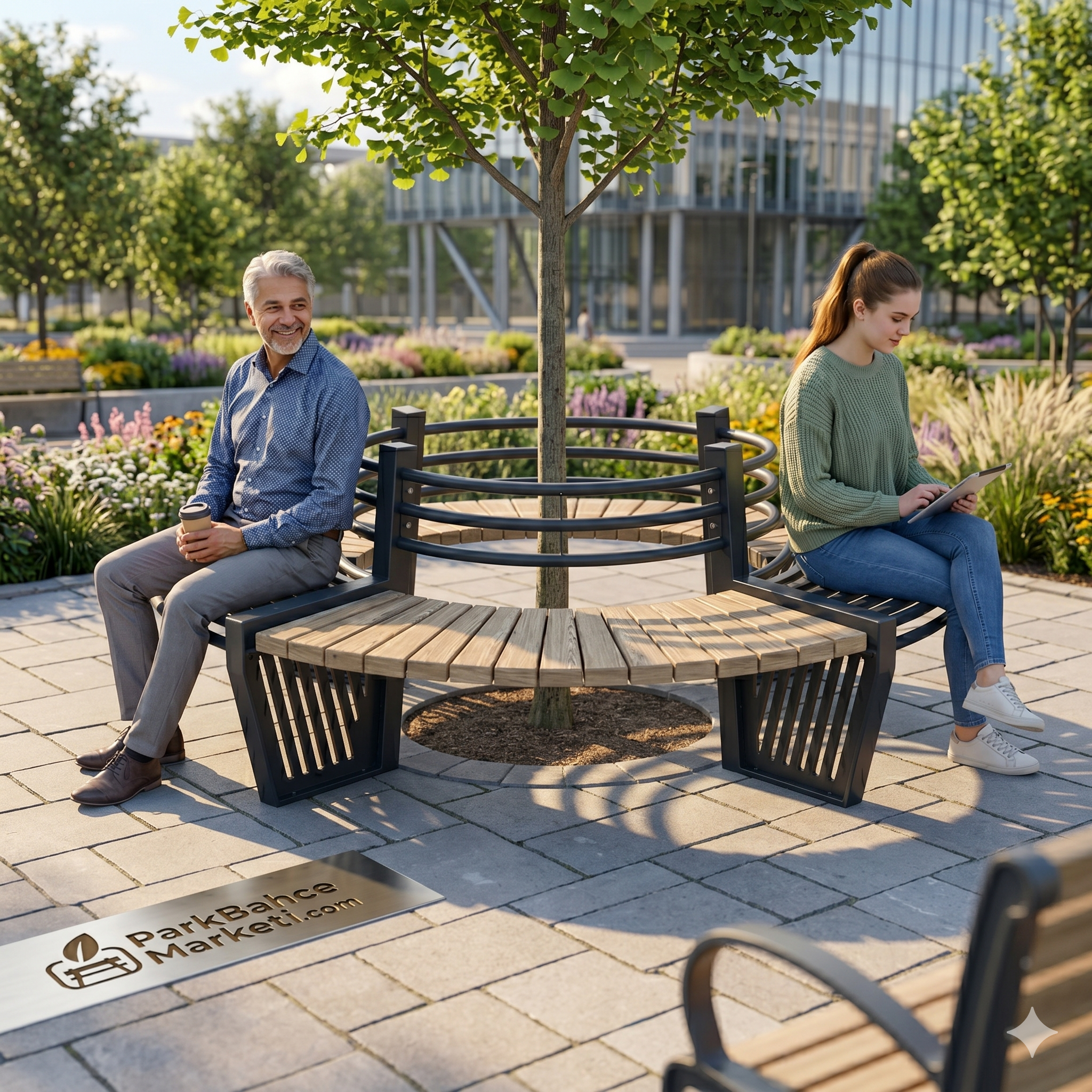 Circular Modular Urban Bench with Tubular Guardrail