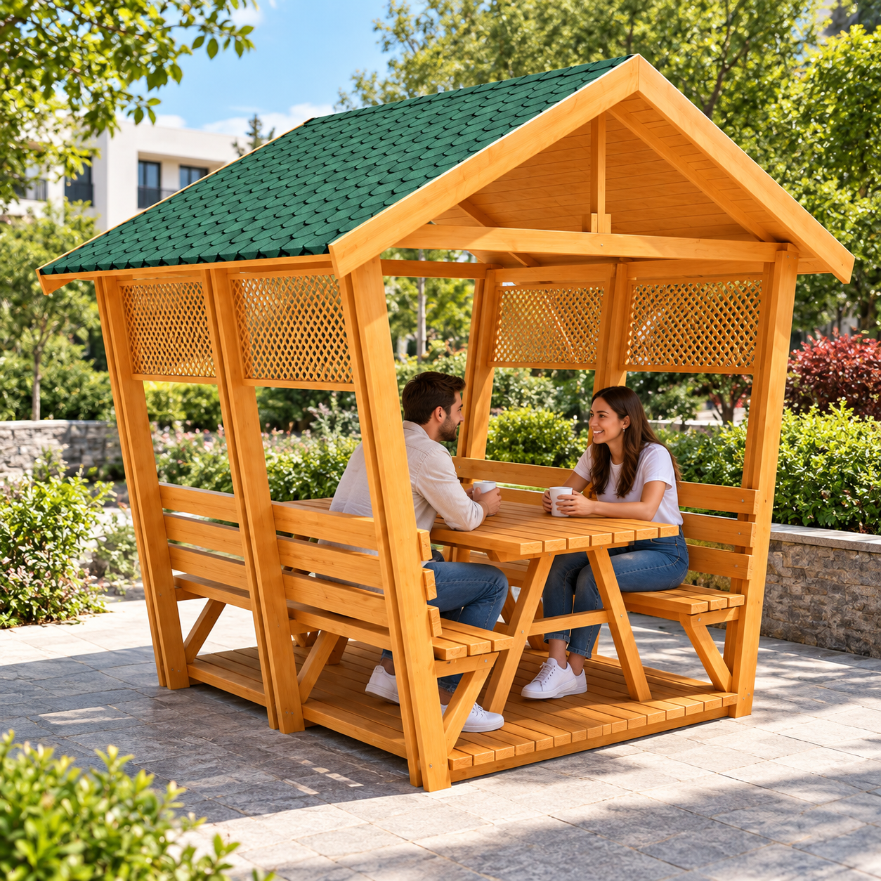 Wooden Floor Picnic Table GZ18N with Roof, 8-Seater