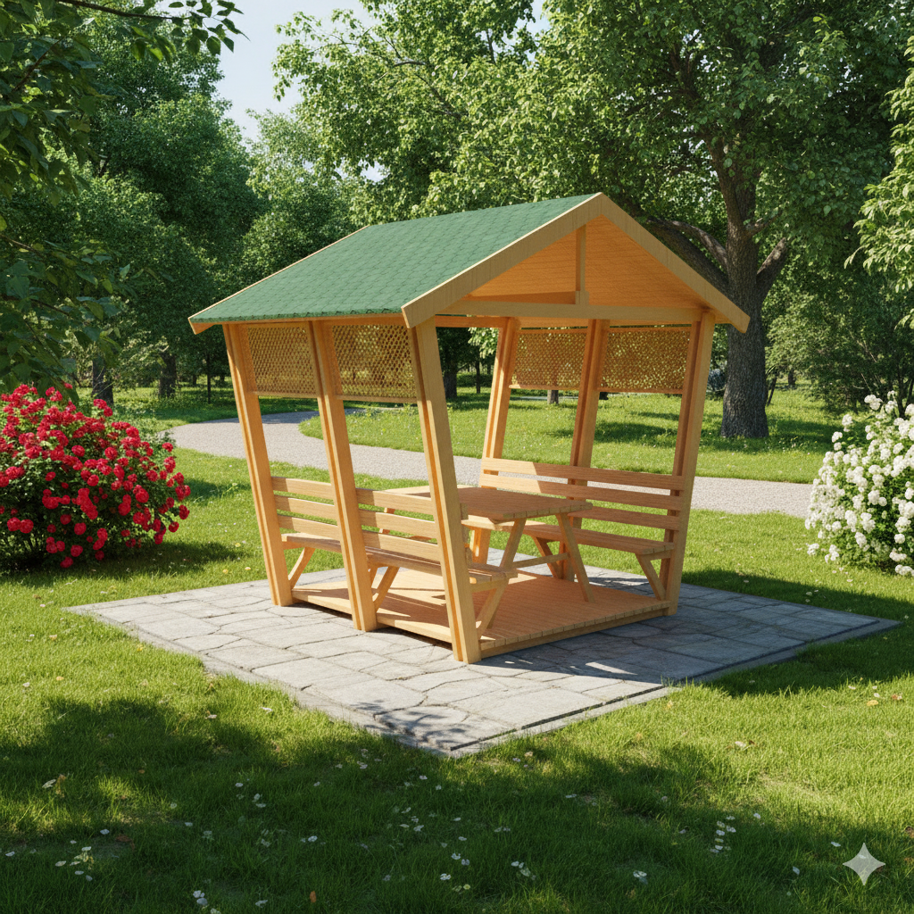 Wooden Floor Picnic Table GZ18N with Roof, 8-Seater