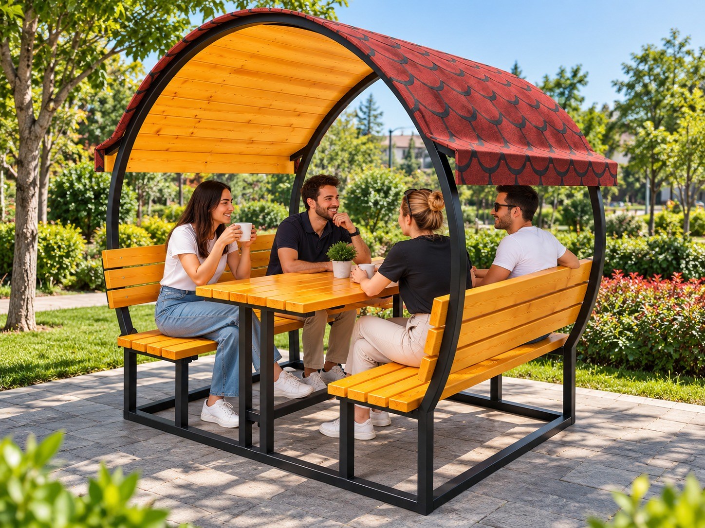 Çatılı Piknik Masası Kavisli Model | Metal Gövdeli Ahşap Piknik Masası