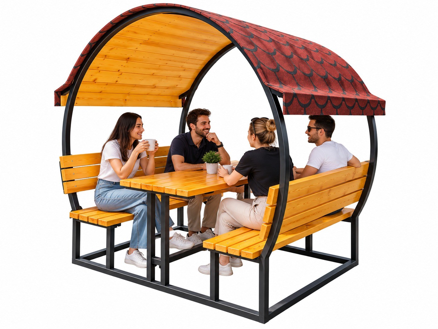 Çatılı Piknik Masası Kavisli Model | Metal Gövdeli Ahşap Piknik Masası