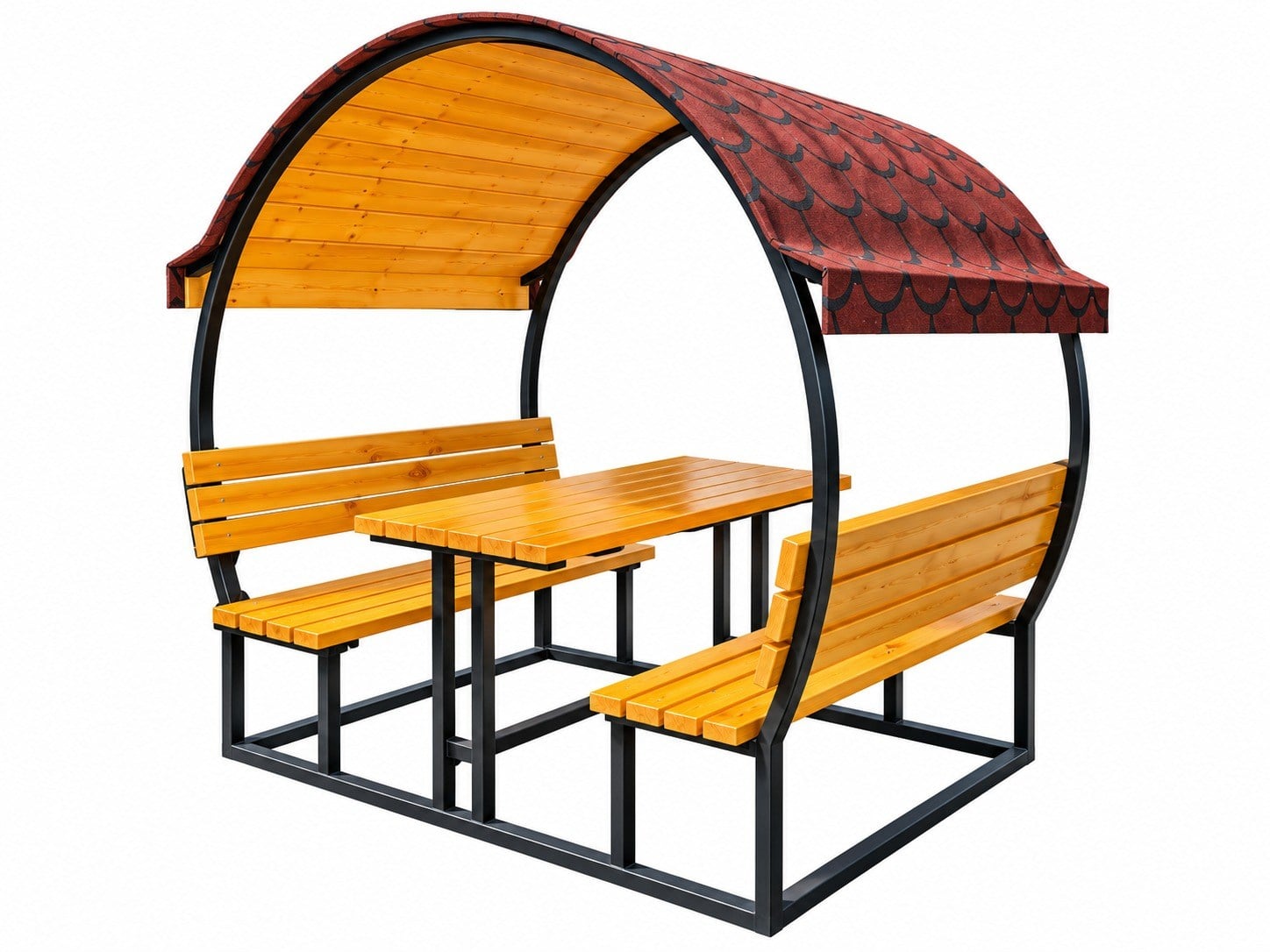 Çatılı Piknik Masası Kavisli Model | Metal Gövdeli Ahşap Piknik Masası