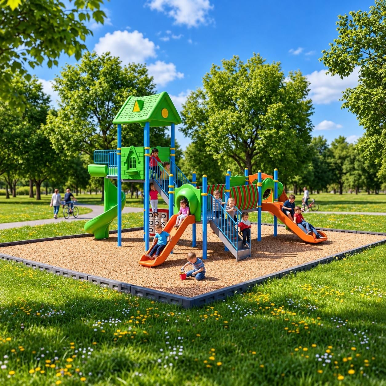 Outdoor Playground Set with Two Towers and House-Style Roof – 7.5 x 5.25 m