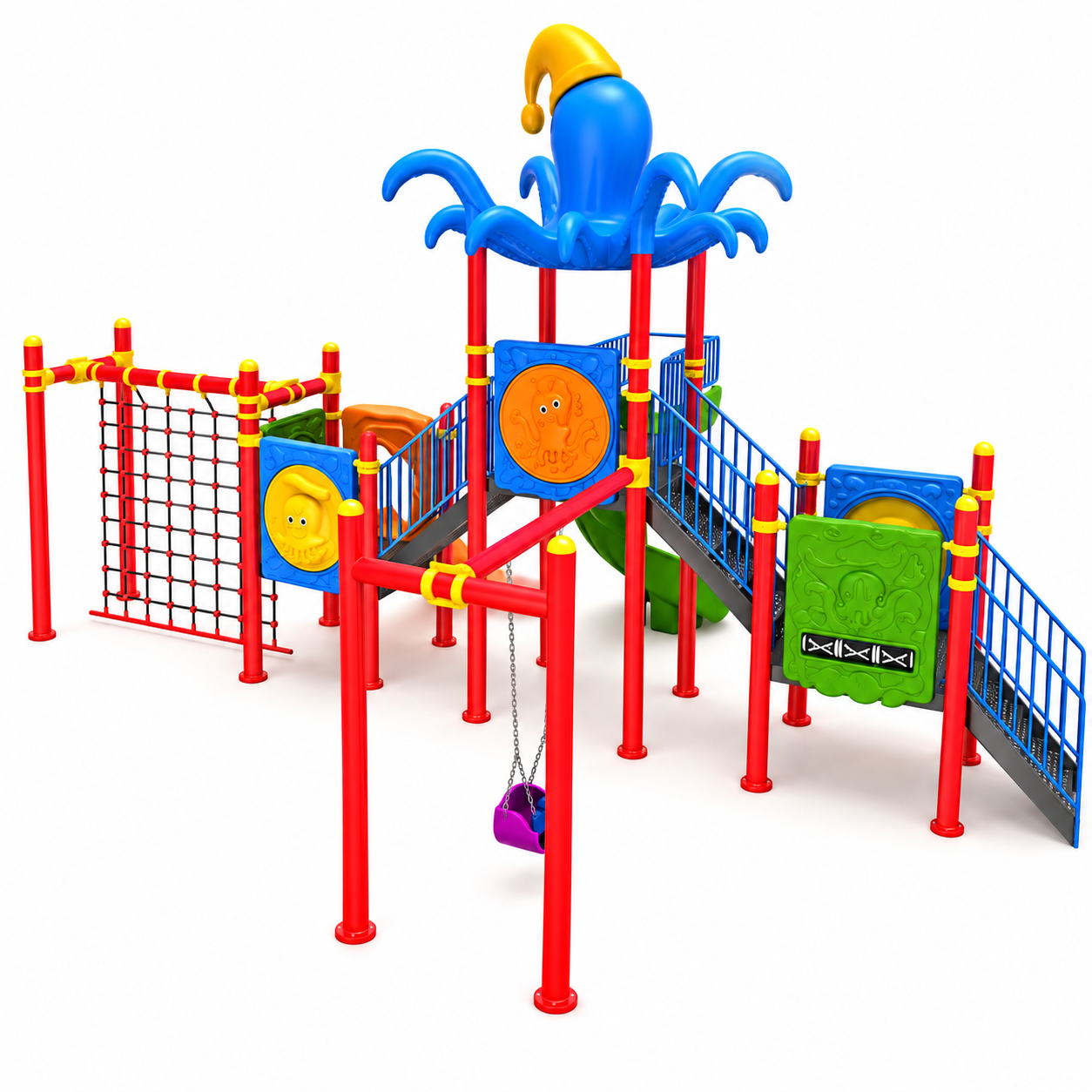 Outdoor Childrens Playground with Octopus Roof and Three Slides – 9.5m x 6.5m