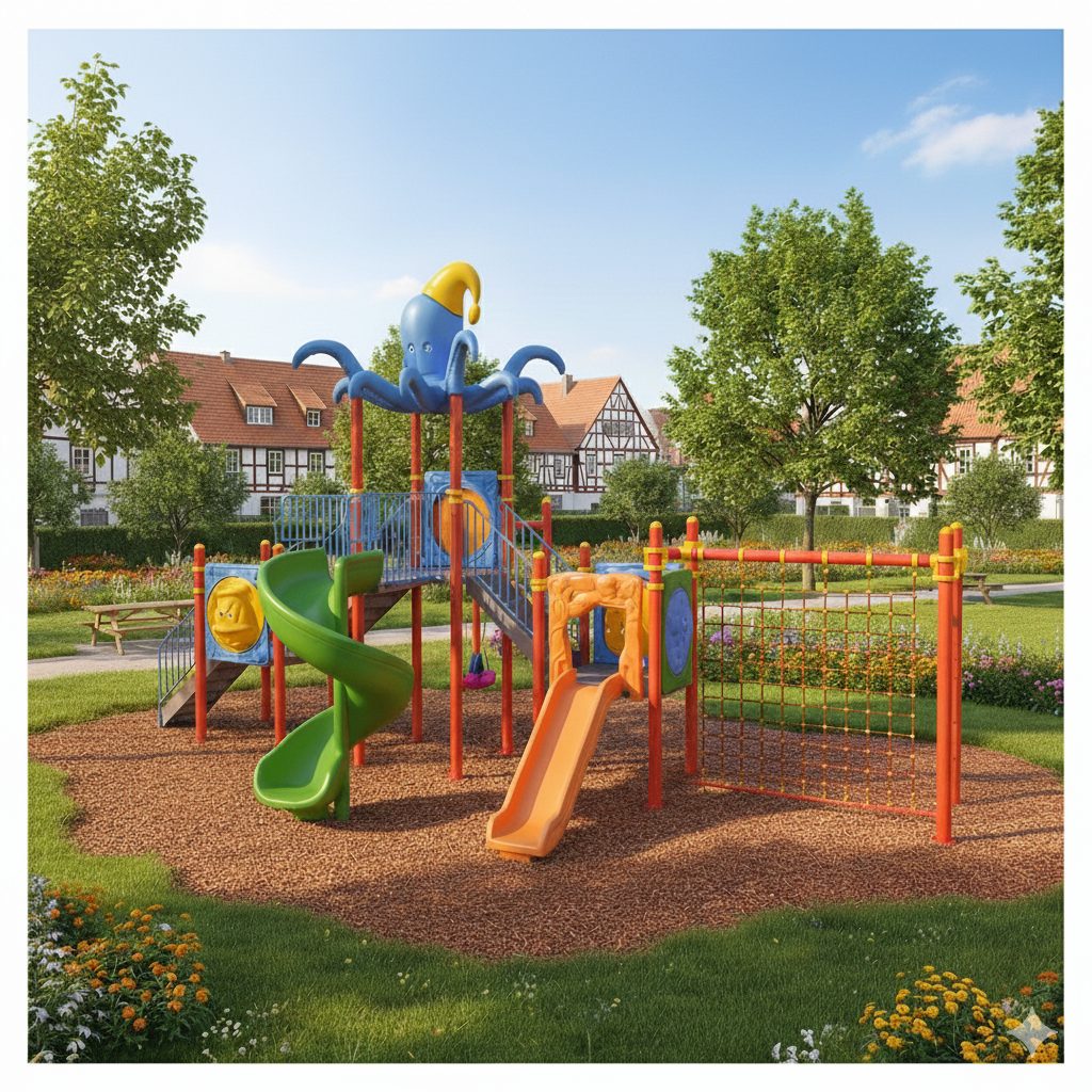 Çocuk Oyun Parkı 9.5x6.5m, Ahtapot Çatılı Üç Kaydıraklı Model