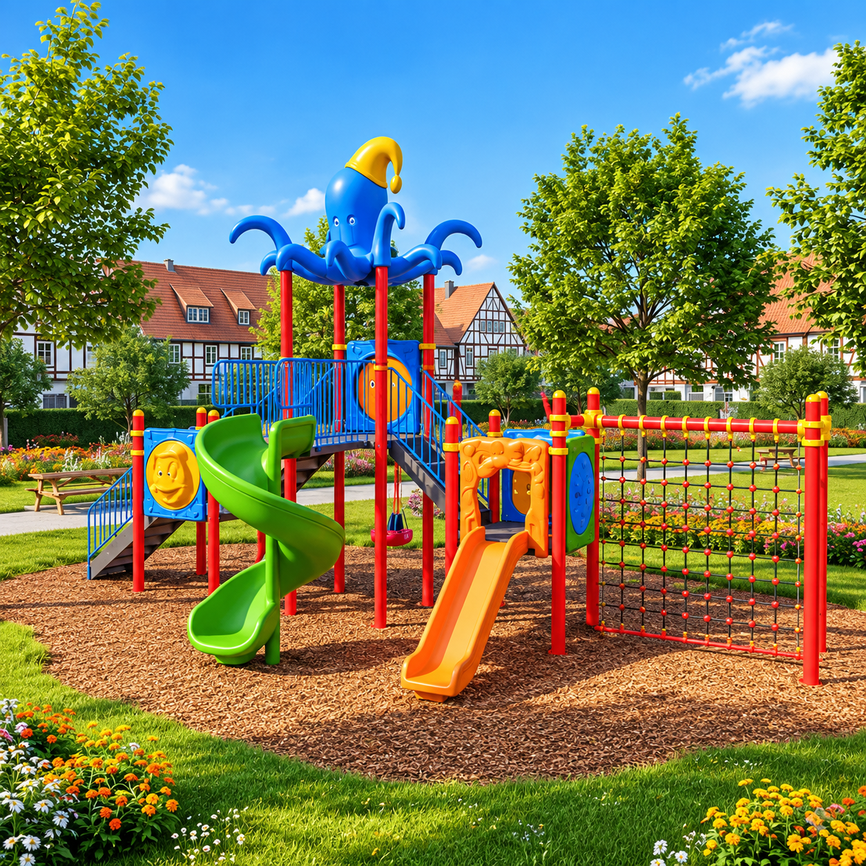 Outdoor Childrens Playground with Octopus Roof and Three Slides – 9.5m x 6.5m