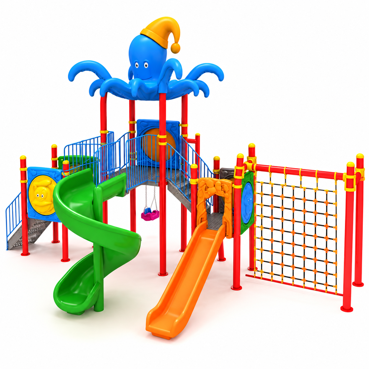 Outdoor Childrens Playground with Octopus Roof and Three Slides – 9.5m x 6.5m