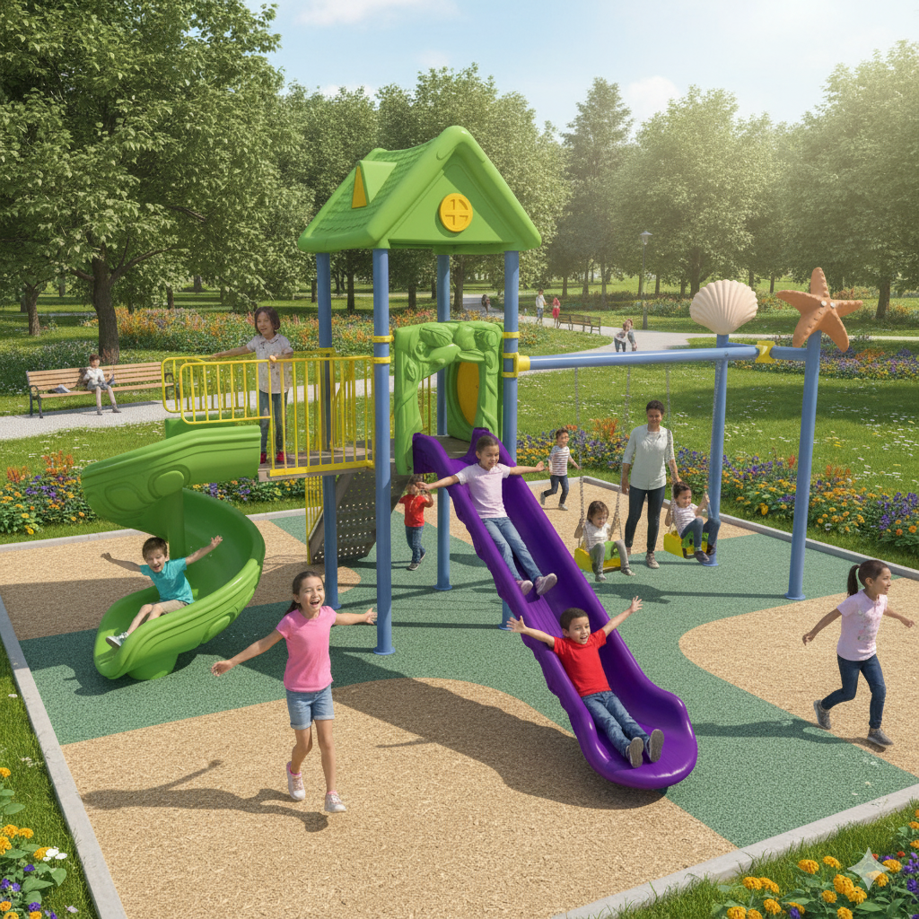 Çocuk Oyun Parkı ENJ01900 - İki Kaydıraklı Ev Temalı Model