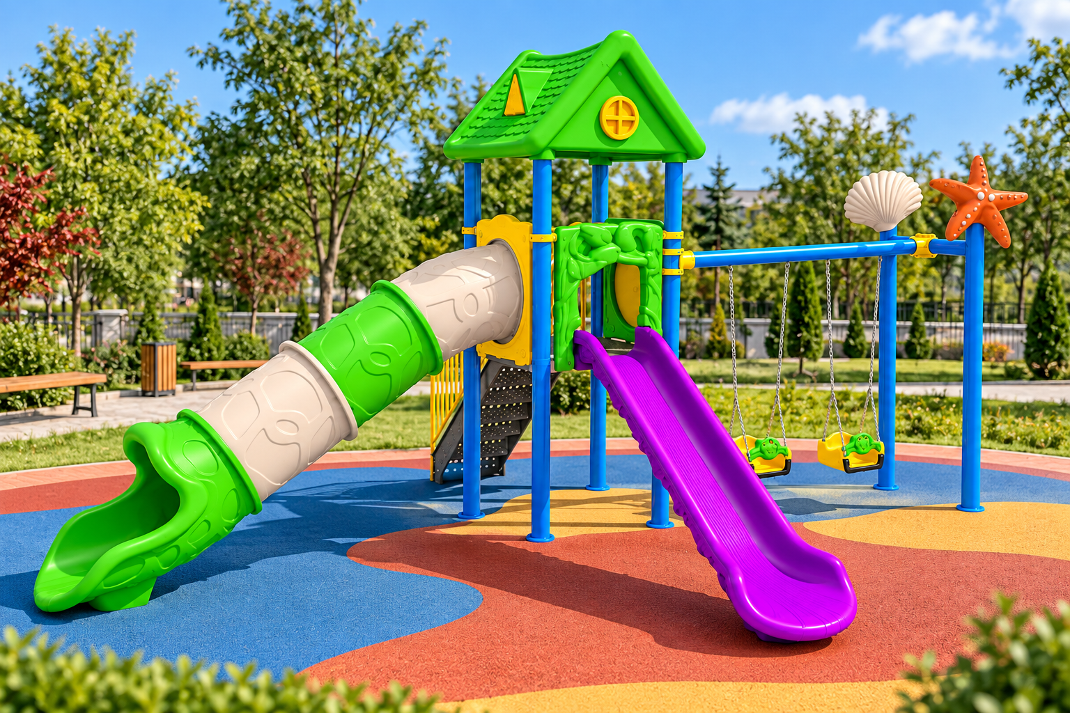 Çocuk Oyun Parkı Ev Temalı - Deniz Yıldızı Figürlü 2 Kaydıraklı Model