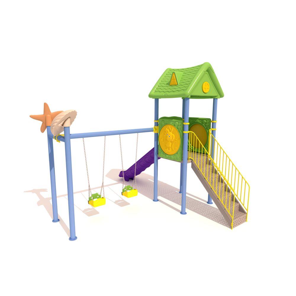 Çocuk Oyun Parkı - Tek Kaydıraklı 2li Salıncaklı Ev Çatılı Model