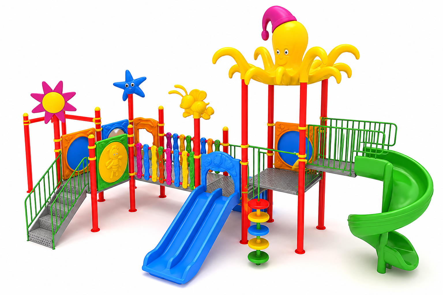 Outdoor Childrens Playground with Octopus Roof and Three Slides – 10.5m x 5m