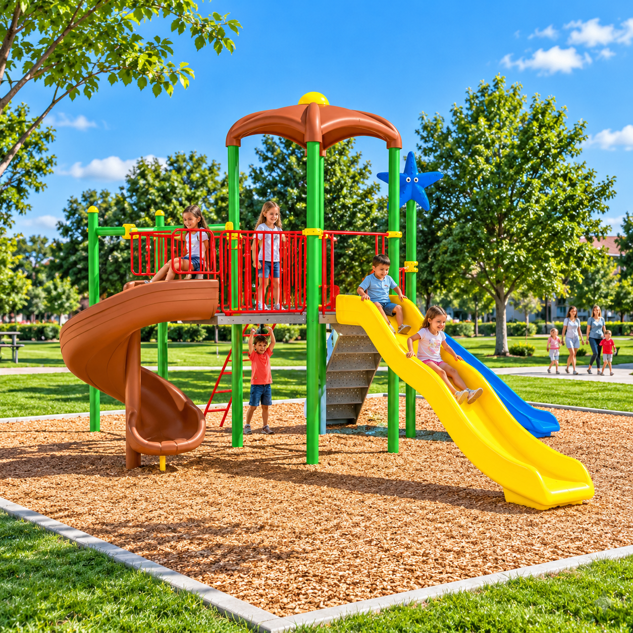 Dış Mekan Çocuk Parkı 5x5m, Üç Kaydıraklı Salıncak İlaveli Model