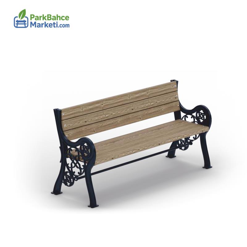Döküm Ayaklı Ahşap Park Bankı - Lale Desenli ve Kolçaklı