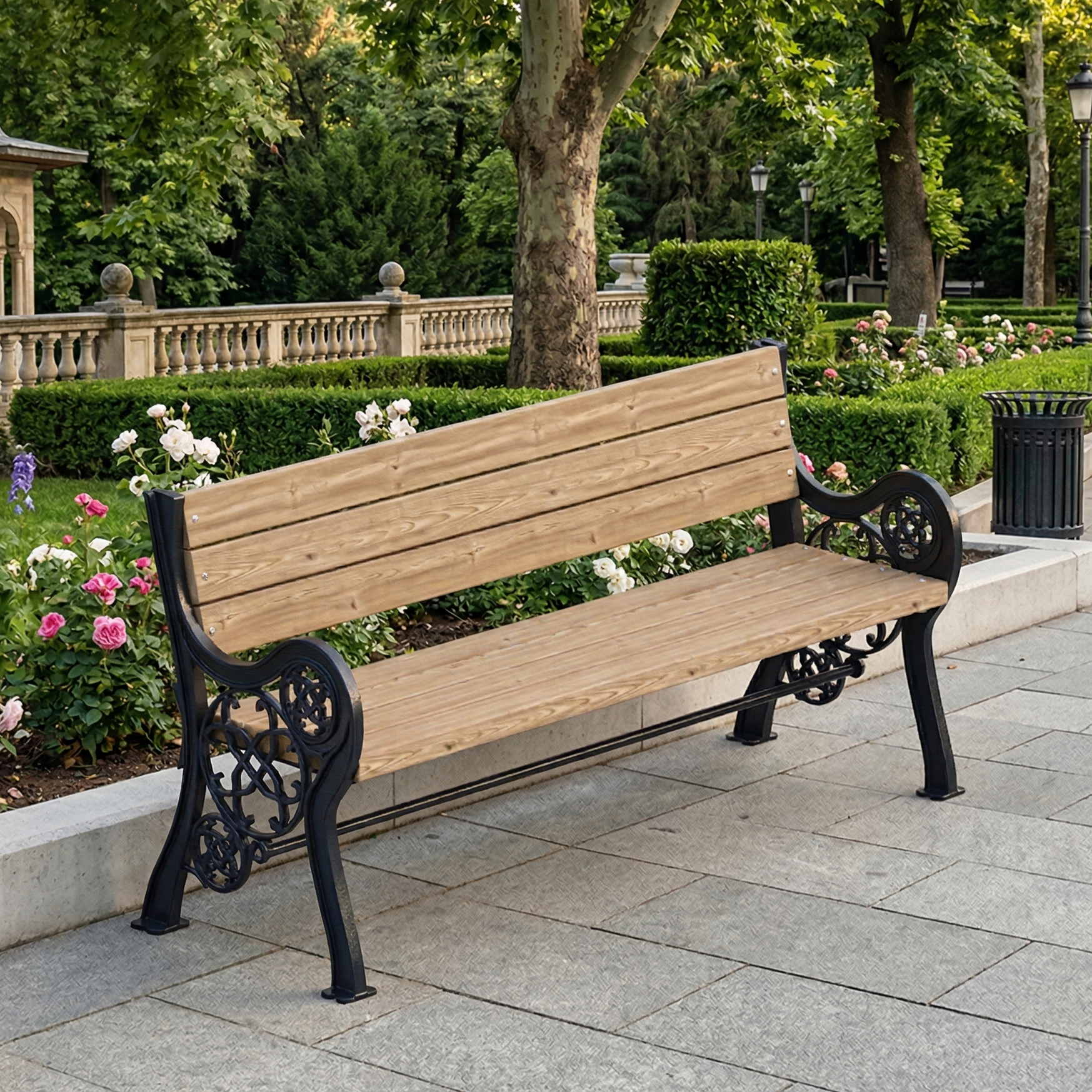 Döküm Ayaklı Ahşap Park Bankı - Lale Desenli ve Kolçaklı