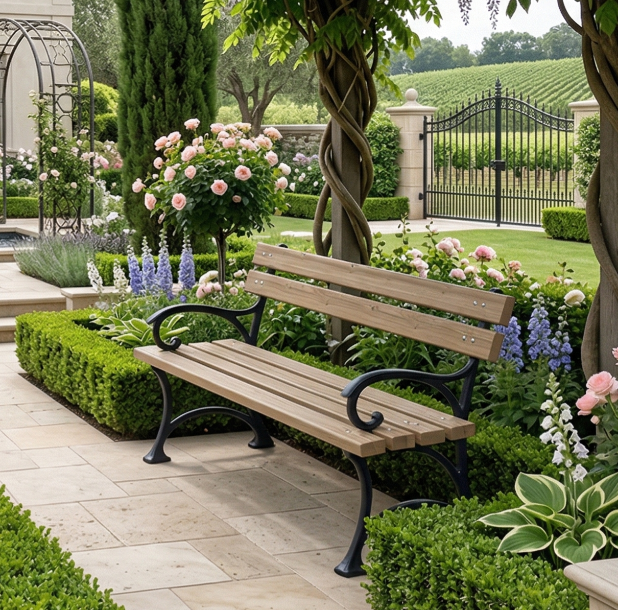 Döküm Ayaklı Kavisli ve Kollu Ahşap Park Bankı