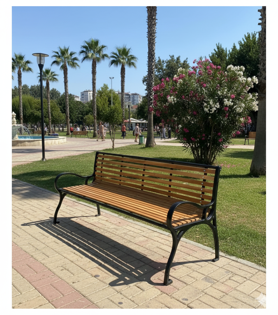 Döküm Gövdeli Ahşap Oturma Bankı - 180 cm