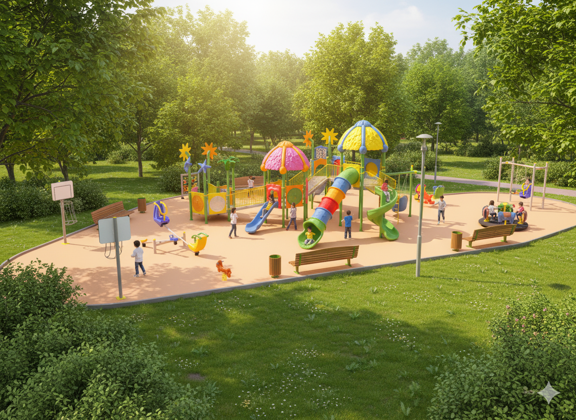 Inclusive Outdoor Playground with Four Towers and Five Slides – 15 x 11 m
