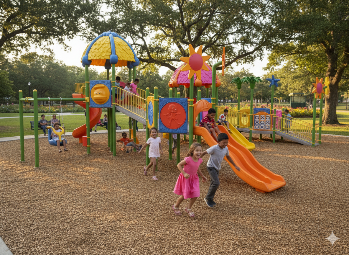 Inclusive Outdoor Playground with Four Towers and Five Slides – 15 x 11 m