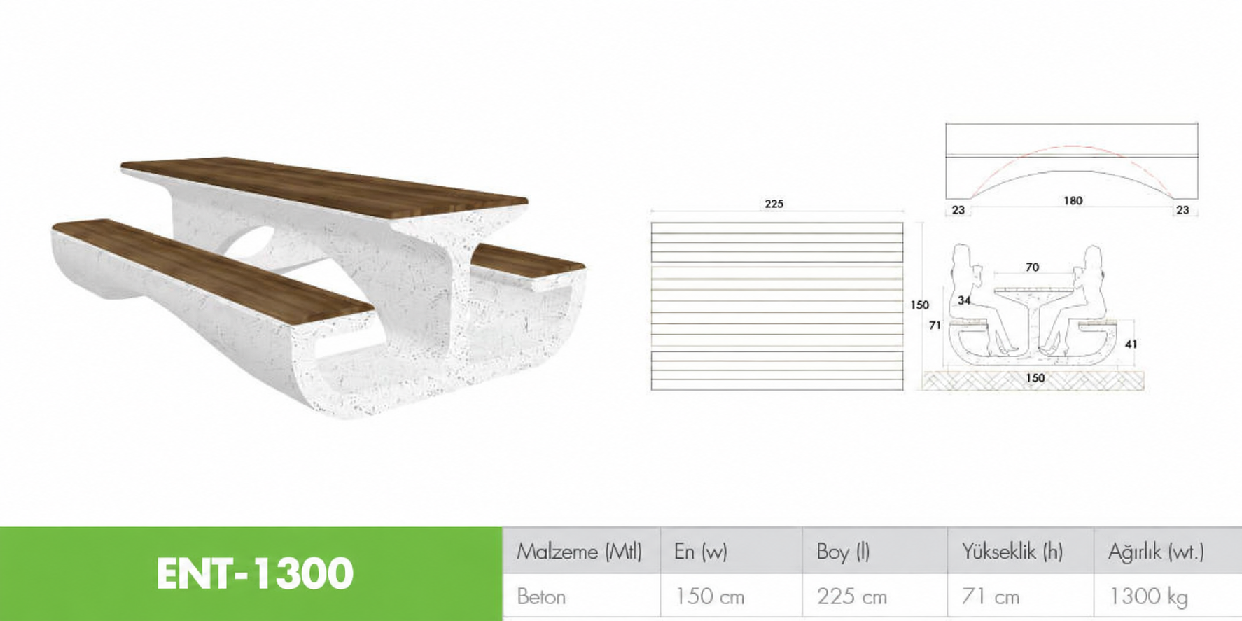 ENT-1300 Ahşap Oturaklı Beton Piknik Masası