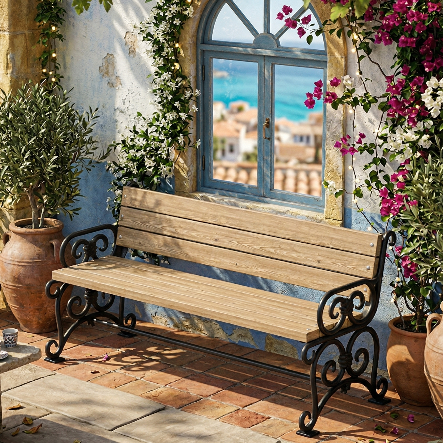 Wrought Iron-Look Wooden Park Bench with Cast Aluminum Legs