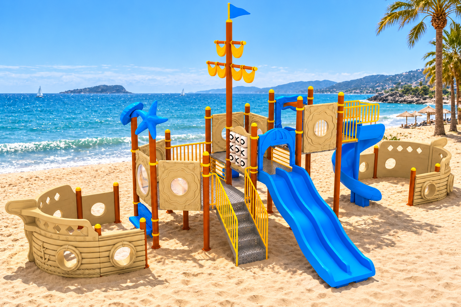Gemi Temalı Çocuk Oyun Parkı, 10x5.5m, Üç Kaydıraklı Model