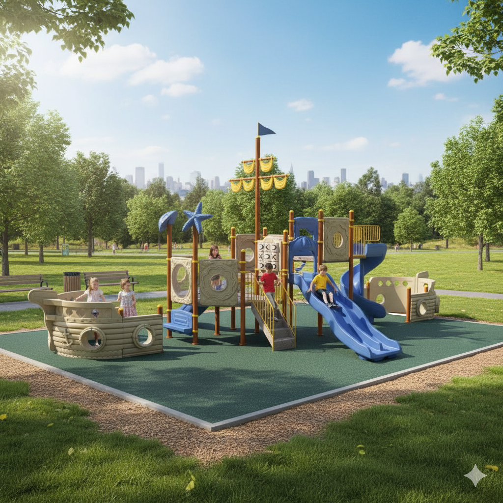 Gemi Temalı Çocuk Oyun Parkı, 10x5.5m, Üç Kaydıraklı Model