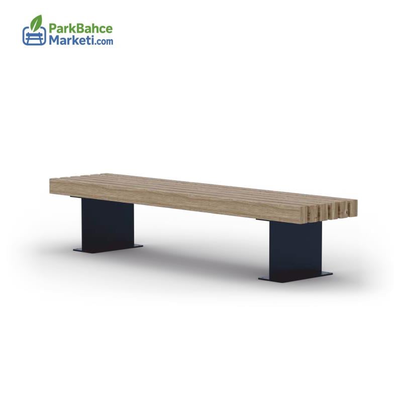 Geniş Metal Sac Ayaklı Arkalıksız Modern Ahşap Bank