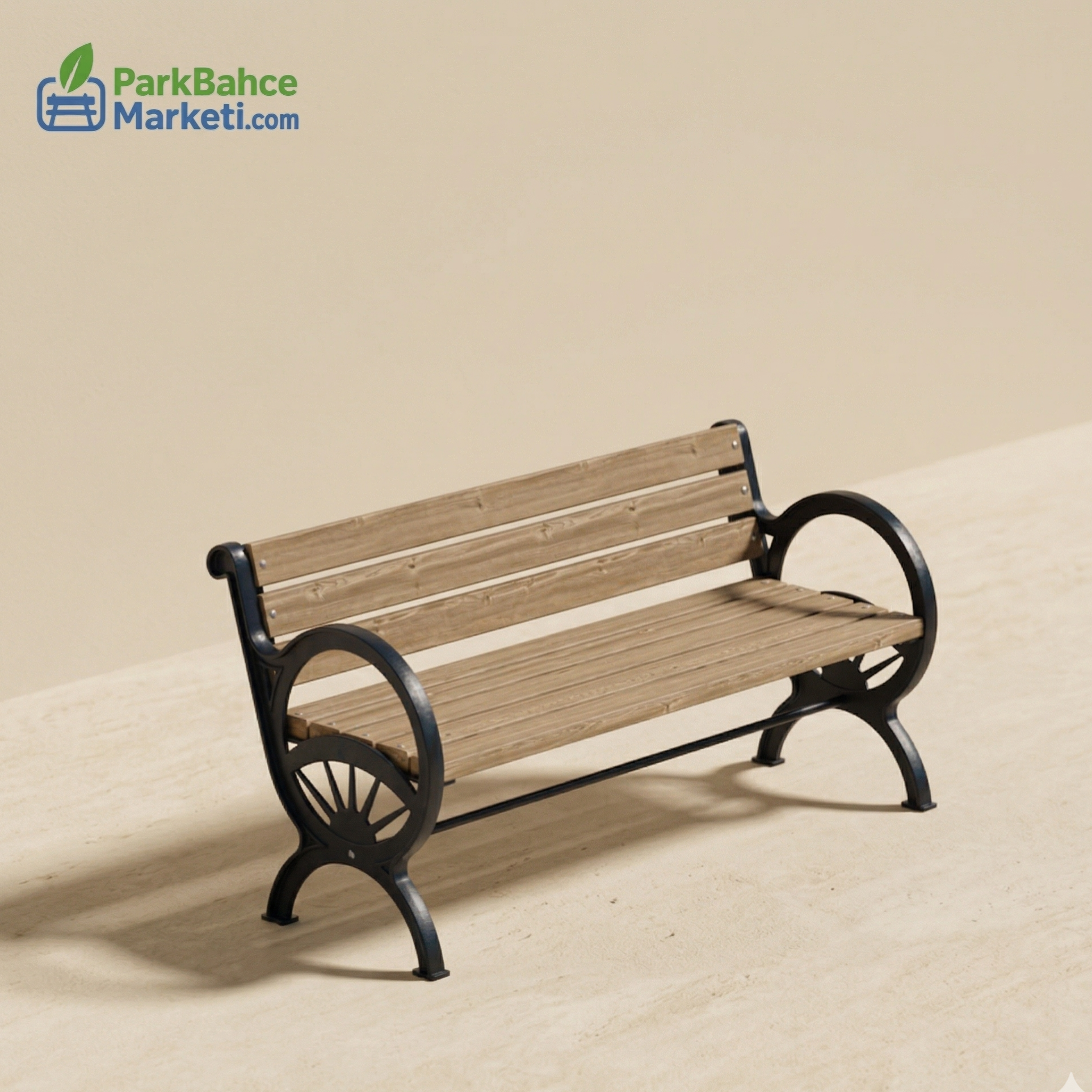 Wooden Seating Bench with Sun Motif Cast Legs and Armrests