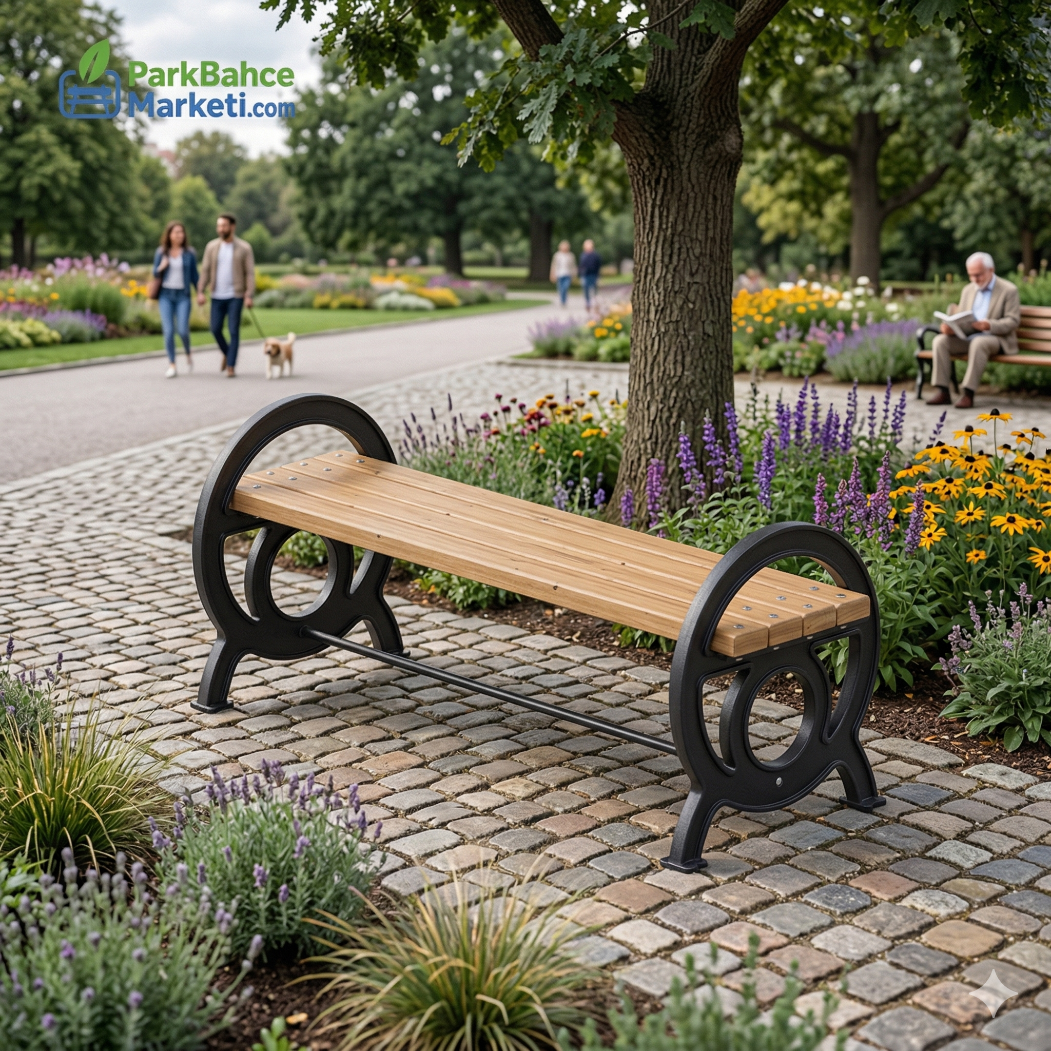 Backless Wooden Bench with Circular Geometric Cast Legs