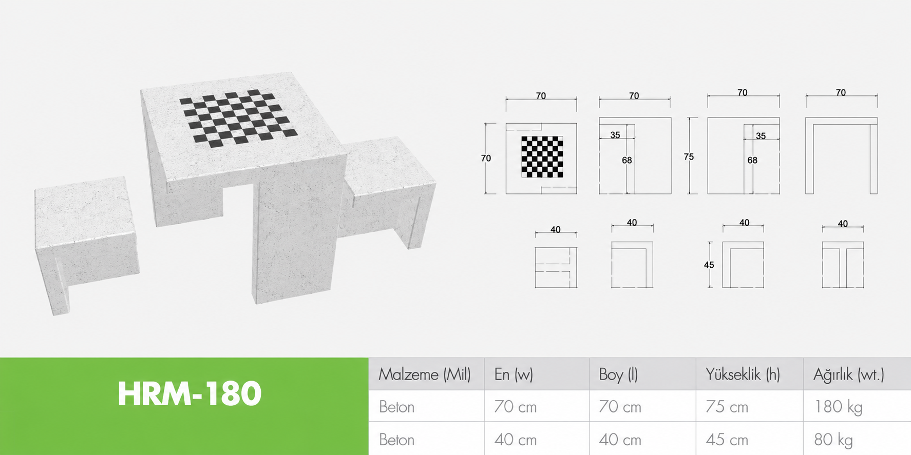 HRM-180 İki Oturaklı Beton Satranç Masası
