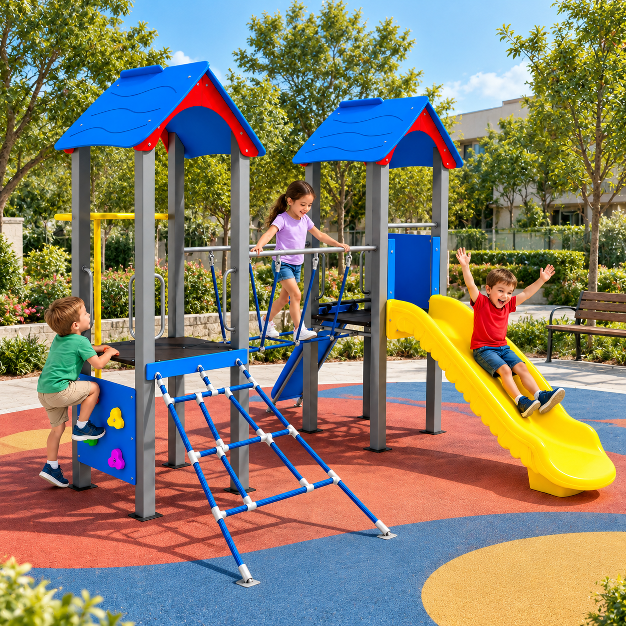 Two-Tower Rope Bridge Playground Set