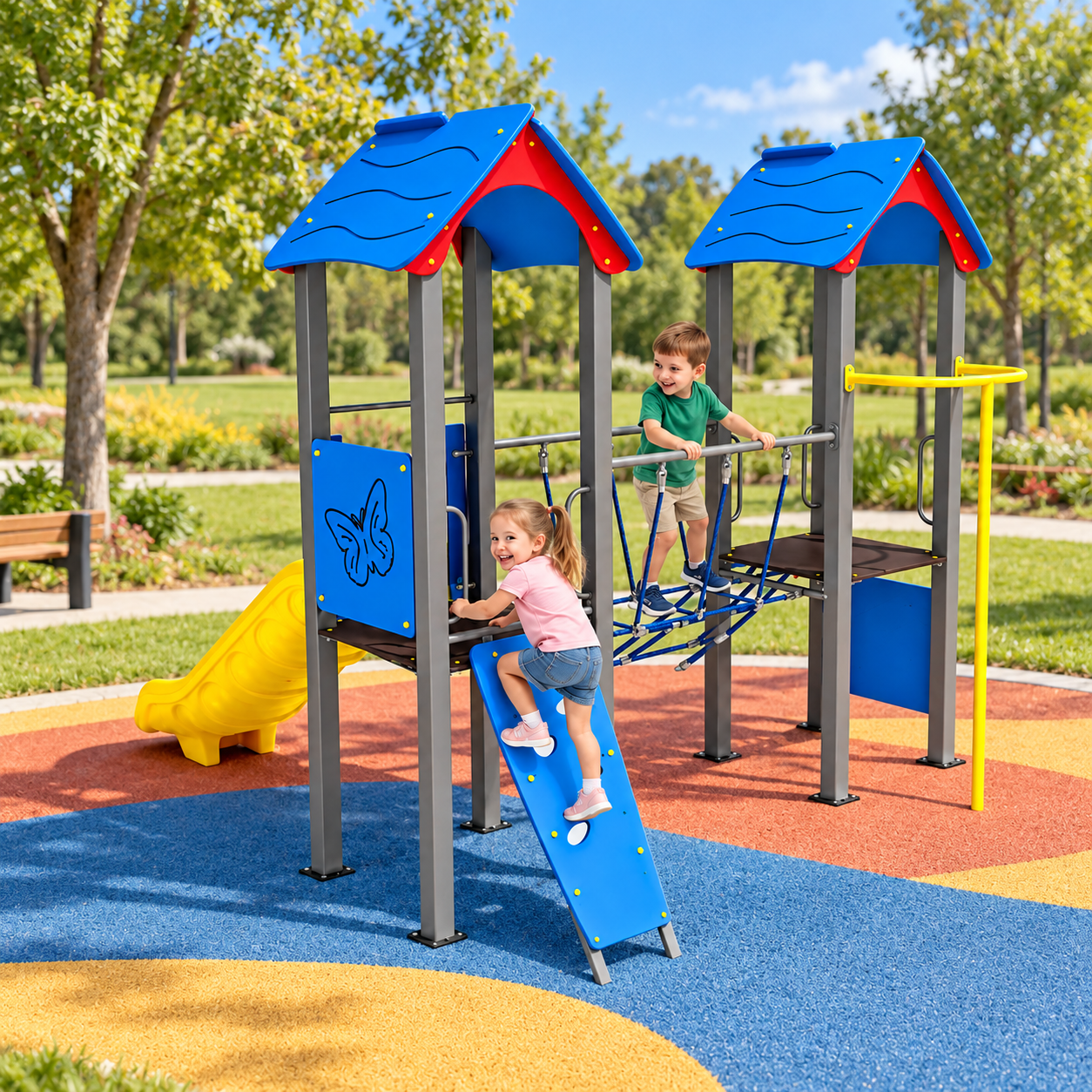 Two-Tower Rope Bridge Playground Set