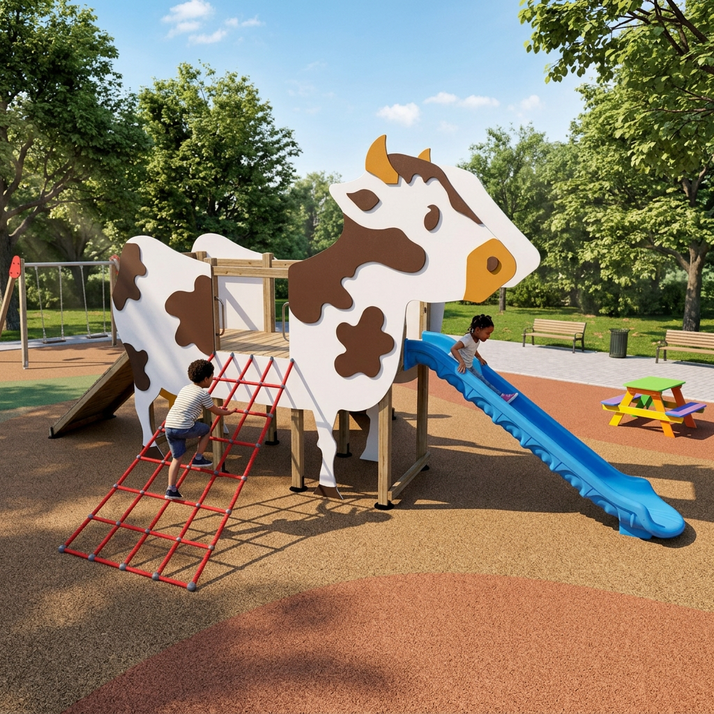 İnek Temalı Ahşap - HDPE Çocuk Oyun Parkı