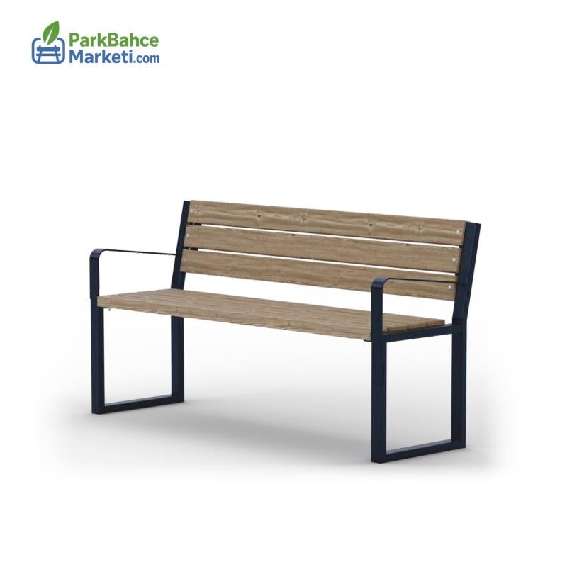 Kare Form Kolçaklı Tasarım Metal Ahşap Park Bankı