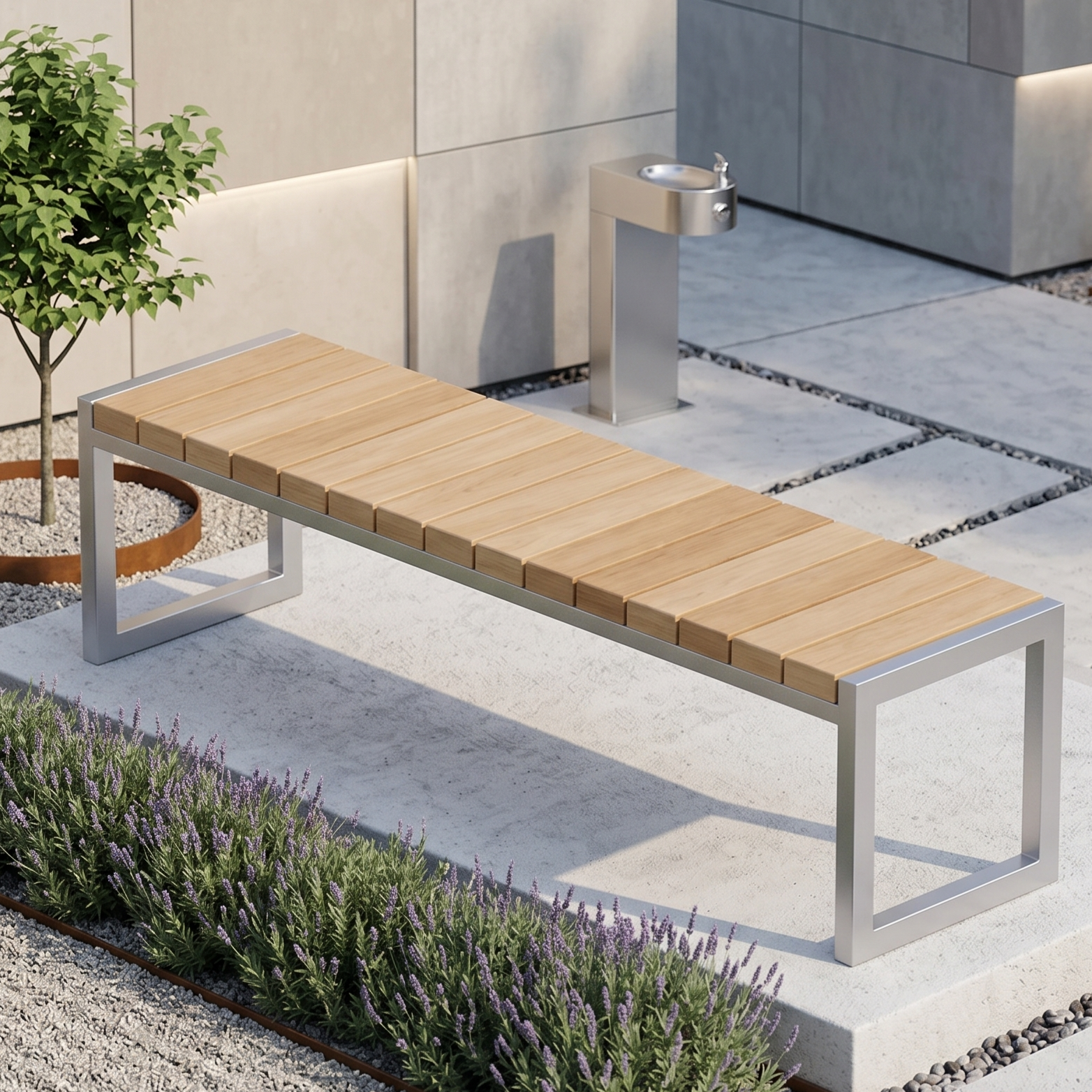 Backless Industrial Design Iroko Bench with Square Profile Legs