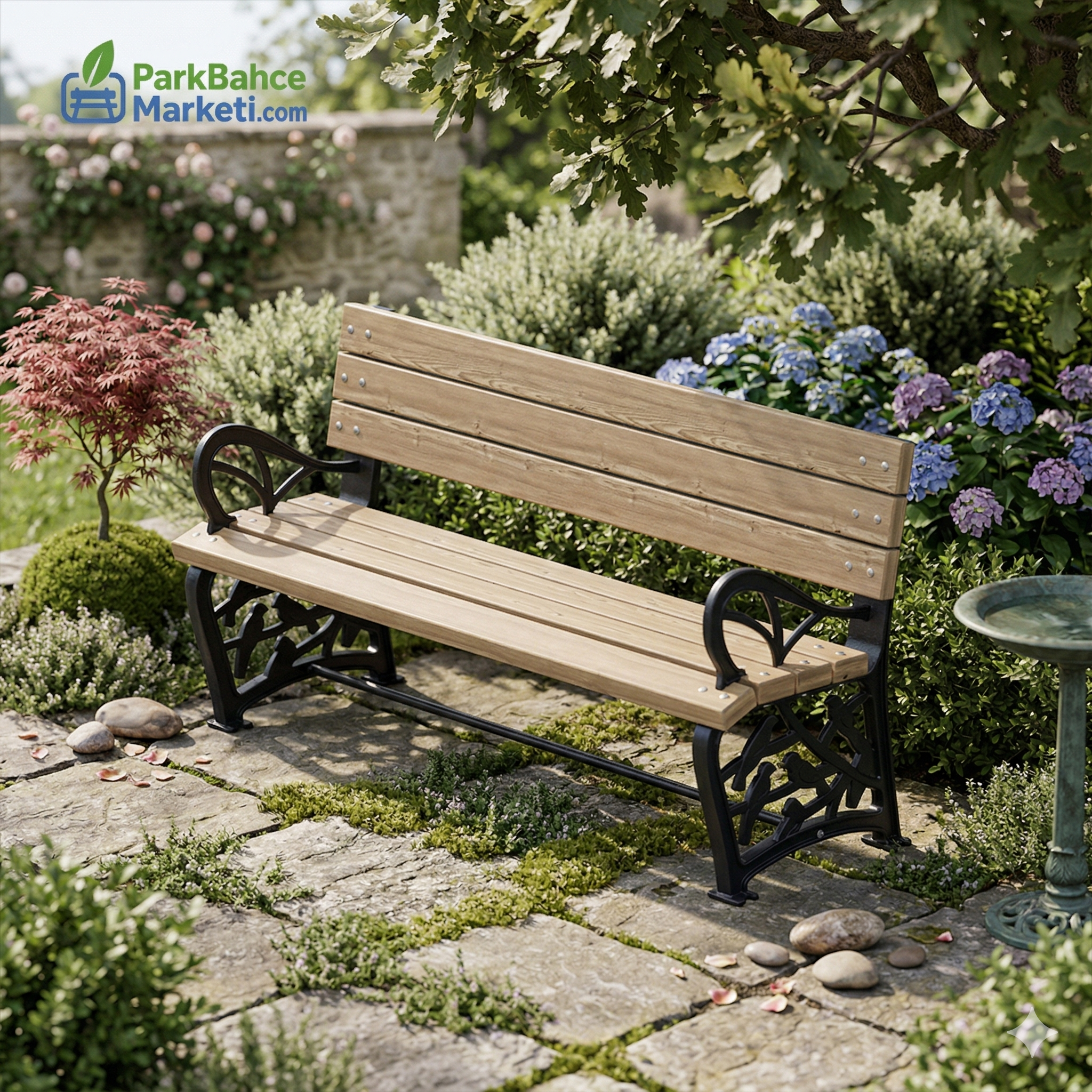 Cast Iron Leg Seating Bench with Bird Motif and Armrests