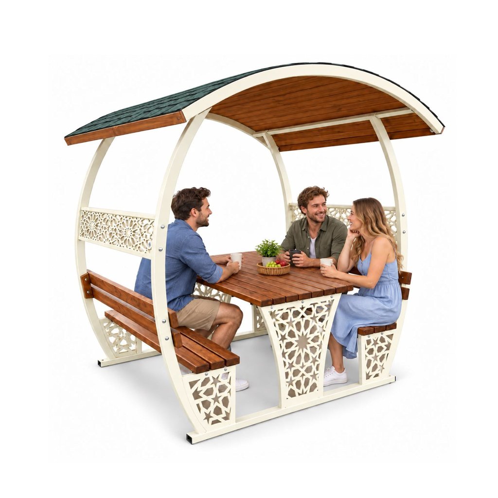Lazer Kesim Motifli Çatılı Piknik Masası – Park ve Bahçe Modeli