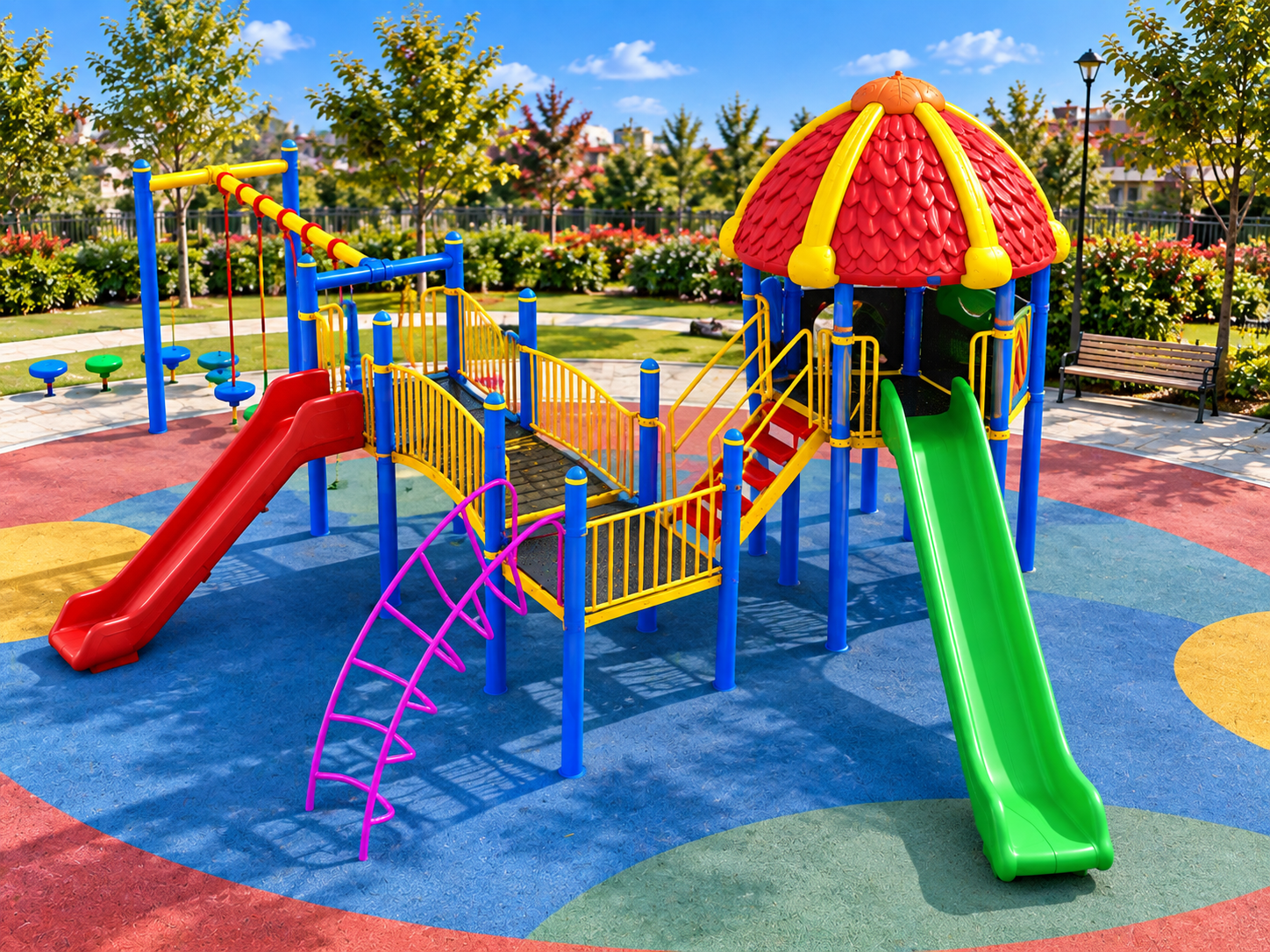 Metal Çocuk Oyun Parkı 11x7,5m, Üç Kaydıraklı Klasik Seri