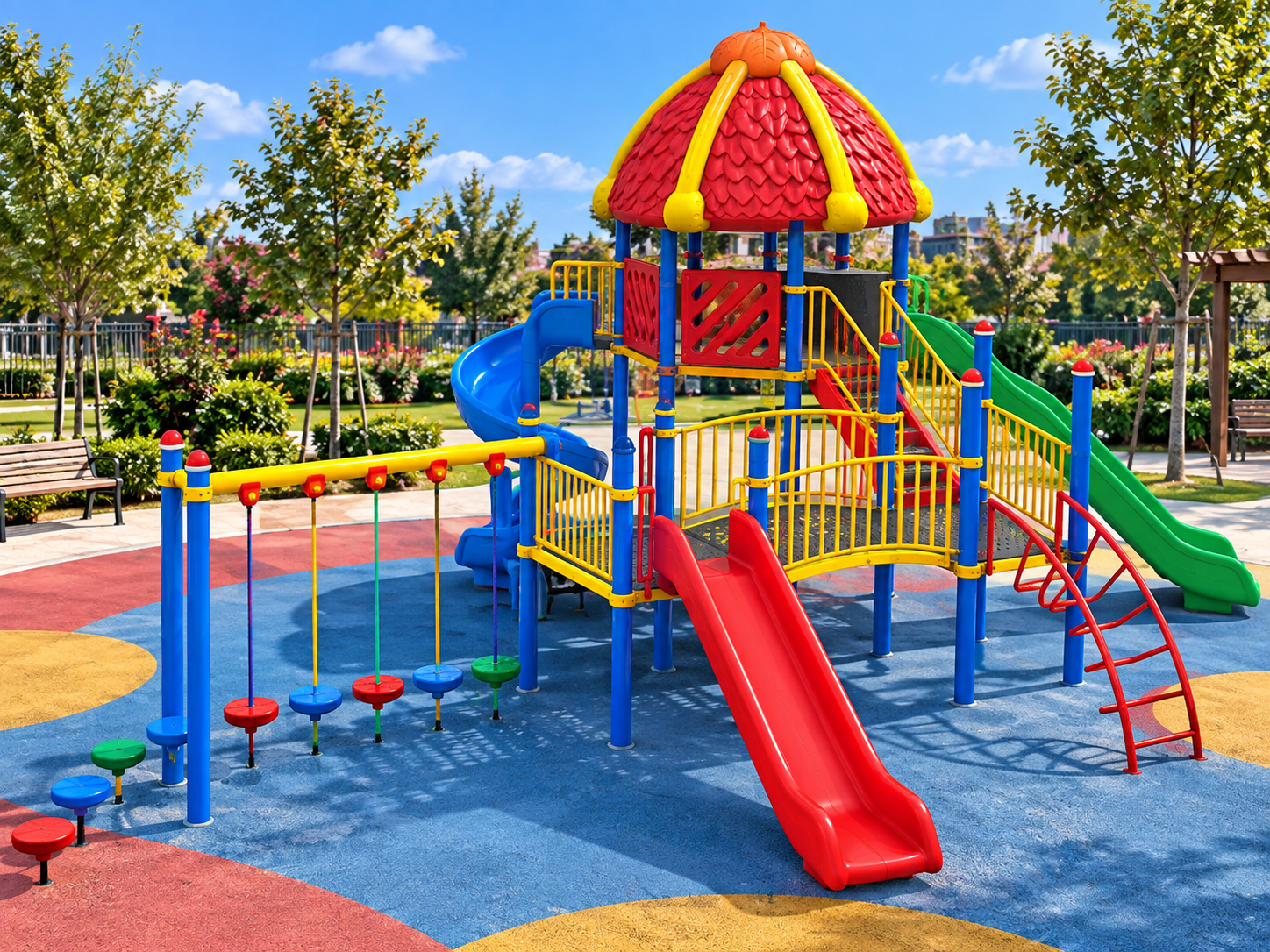 Metal Çocuk Oyun Parkı 11x7,5m, Üç Kaydıraklı Klasik Seri