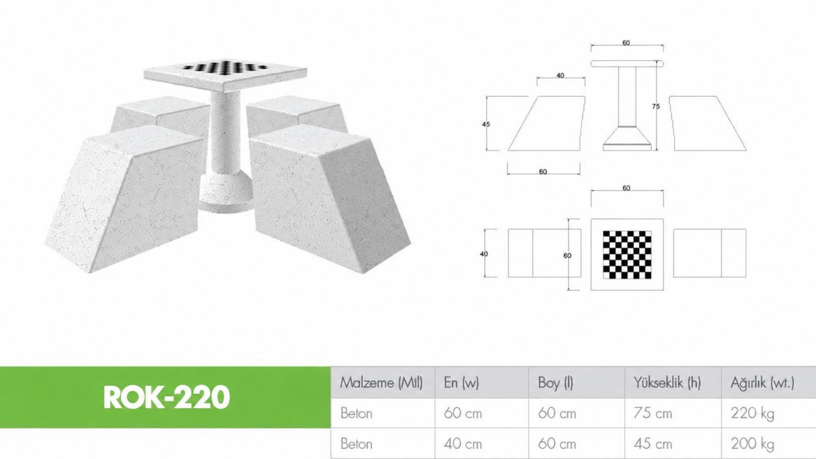 ROK-220 Dört Oturaklı Beton Satranç Masası