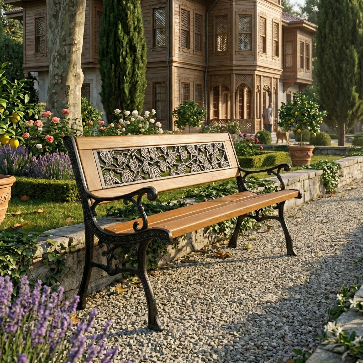 Sarmaşık Desenli Arkalıklı Döküm Park Bankı